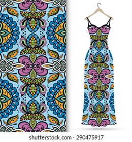 Vector fashion illustration, women's dress on a hanger, hand drawn geometric pattern, fabric repeating texture with tribal ethnic ornament, isolated elements for invitation or greeting card design