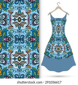 Vector fashion illustration, women's dress on a hanger, hand drawn seamless geometric pattern, isolated elements for invitation card design, repeating fabric texture