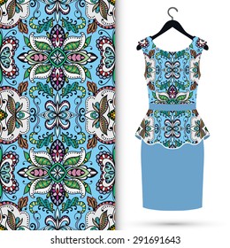 Vector fashion illustration, women's dress on a hanger, hand drawn seamless geometric pattern, isolated elements for invitation card design. Seamless fabric texture