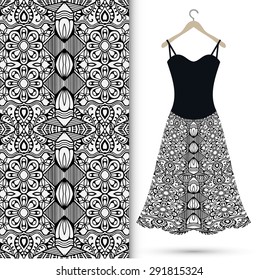 Vector fashion illustration, women's dress on a hanger, hand drawn seamless geometric pattern, isolated elements for invitation card design, repeating fabric texture. Black and white