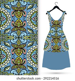 Vector fashion illustration, women's dress on a hanger, hand drawn seamless geometric pattern, isolated elements for invitation card design, repeating fabric texture