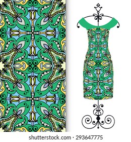 Vector fashion illustration, women's dress on a hanger, hand drawn seamless geometric pattern, isolated elements for invitation card design, repeating fabric texture