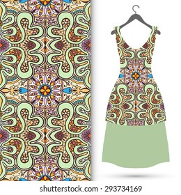 Vector fashion illustration, women's dress on a hanger, hand drawn seamless geometric pattern, isolated elements for invitation card design, repeating fabric texture