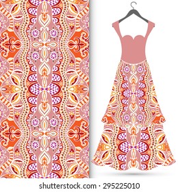 Vector fashion illustration, women's dress on a hanger, hand drawn seamless geometric pattern, isolated elements for invitation card design, repeating fabric texture