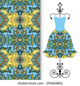 Vector fashion illustration, women's dress on a hanger, hand drawn seamless arabic ornamental background, lace pattern, isolated elements for scrapbook, invitation or greeting card design