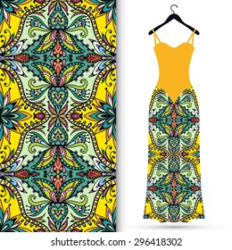 Vector fashion illustration, women's dress on a hanger, hand drawn seamless arabic ornamental background, lace pattern, isolated elements for scrapbook, invitation or greeting card design