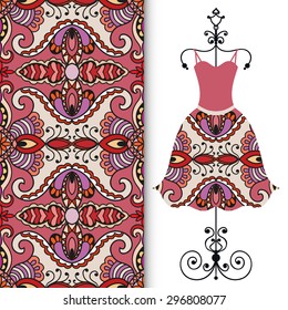 Vector fashion illustration, women's dress on a hanger, hand drawn seamless arabic ornamental background, lace pattern, isolated elements for scrapbook, invitation or greeting card design