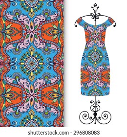 Vector fashion illustration, women's dress on a hanger, hand drawn seamless arabic ornamental background, lace pattern, isolated elements for scrapbook, invitation or greeting card design
