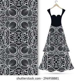 Vector fashion illustration, women's dress on a hanger, hand drawn seamless geometric pattern, isolated elements for invitation card design. Seamless fabric texture