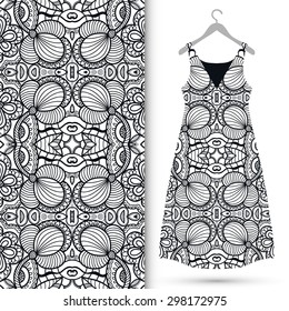 Vector fashion illustration, women's dress on a hanger, hand drawn seamless geometric pattern, isolated elements for invitation card design. Seamless fabric texture. Black and white