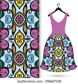 Vector fashion illustration, women's dress on a hanger, hand drawn seamless geometric pattern, isolated elements for invitation card design. Seamless fabric texture