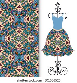 Vector fashion illustration, women's dress on a hanger, hand drawn seamless geometric pattern, isolated elements for invitation card design. Seamless fabric texture