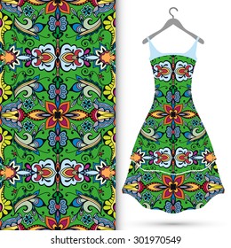 Vector fashion illustration, women's dress on a hanger, hand drawn seamless geometric pattern, isolated elements for invitation card design, repeating fabric texture