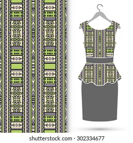 Vector fashion illustration, women's dress on a hanger with seamless floral and geometric pattern, isolated elements for scrapbook, invitation or greeting card design, fabric repeating texture