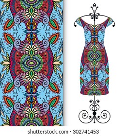 Vector fashion illustration, women's dress on a hanger with seamless floral and geometric pattern, isolated elements for scrapbook, invitation or greeting card design, fabric repeating texture