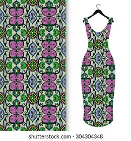 Vector fashion illustration, women's dress on a hanger with seamless floral and geometric pattern, isolated elements for scrapbook, invitation or greeting card design, fabric repeating texture