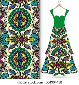 Vector fashion illustration, women's dress on a hanger with seamless floral and geometric pattern, isolated elements for scrapbook, invitation or greeting card design, fabric repeating texture