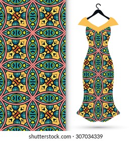 Vector fashion illustration, women's dress on a hanger, hand drawn seamless geometric pattern, isolated elements for invitation card design. Seamless fabric texture