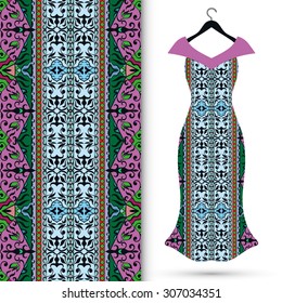 Vector fashion illustration, women's dress on a hanger, hand drawn seamless geometric pattern, isolated elements for invitation card design. Seamless fabric texture