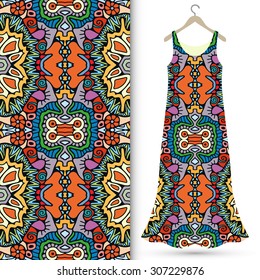 Vector fashion illustration, women's dress on a hanger, hand drawn geometric pattern, fabric repeating texture with tribal ethnic ornament, isolated elements for invitation or greeting card design