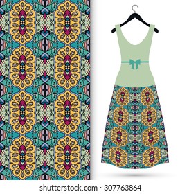 Vector fashion illustration, women's dress on a hanger, hand drawn seamless geometric pattern, isolated elements for invitation card design. Seamless fabric texture