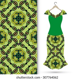 Vector fashion illustration, women's dress on a hanger, hand drawn seamless geometric pattern, isolated elements for invitation card design. Seamless fabric texture