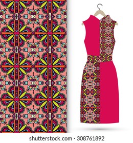 Vector fashion illustration, women's dress on a hanger, hand drawn seamless geometric pattern, isolated elements for invitation card design. Seamless fabric texture
