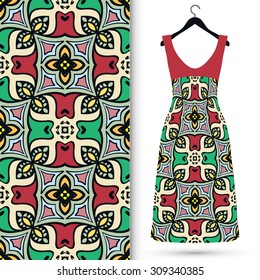 Vector fashion illustration, women's dress on a hanger, hand drawn seamless floral and geometric pattern, isolated elements for invitation card design. Seamless fabric texture