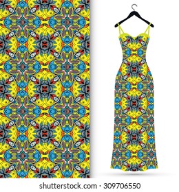Vector fashion illustration, women's dress on a hanger, hand drawn seamless floral and geometric pattern, isolated elements for invitation card design. Seamless fabric texture