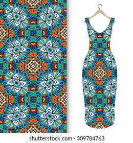 Vector fashion illustration, women's dress on a hanger, hand drawn seamless floral and geometric pattern, isolated elements for invitation card design. Seamless fabric texture