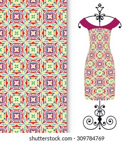 Vector fashion illustration, women's dress on a hanger, hand drawn seamless floral and geometric pattern, isolated elements for invitation card design. Seamless fabric texture