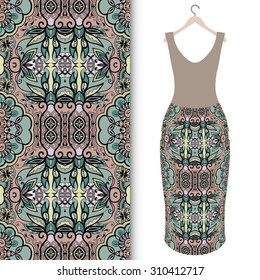Vector fashion illustration, women's dress on a hanger, hand drawn seamless floral and geometric pattern, isolated elements for invitation card design. Seamless fabric texture