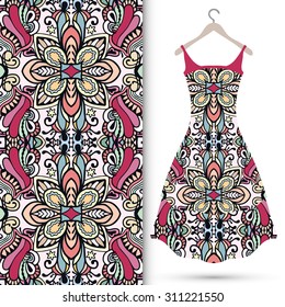 Vector fashion illustration, women's dress on a hanger, hand drawn seamless floral and geometric pattern, isolated elements for invitation card design. Seamless fabric texture