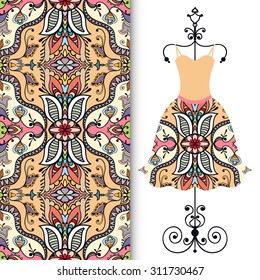 Vector fashion illustration, women's dress on a hanger, hand drawn seamless geometric pattern, isolated elements for invitation card design. Seamless fabric texture