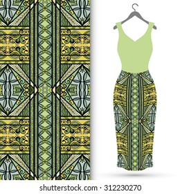 Vector fashion illustration, women's dress on a hanger, hand drawn seamless geometric pattern, isolated elements for invitation card design. Seamless fabric texture 