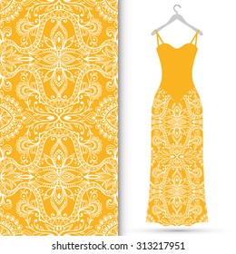 Vector fashion illustration, women's dress on a hanger, hand drawn seamless geometric pattern, isolated elements for invitation card design. Seamless fabric texture