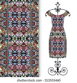 Vector fashion illustration, women's dress on a hanger, hand drawn seamless geometric pattern, isolated elements for invitation card design. Seamless fabric texture 