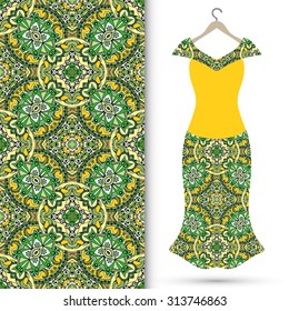 Vector fashion illustration, women's dress on a hanger, hand drawn seamless geometric pattern, isolated elements for invitation card design. Seamless fabric texture