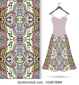 Vector fashion illustration, women's dress on a hanger, hand drawn seamless geometric pattern, isolated elements for invitation card design. Seamless fabric texture