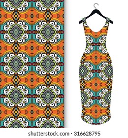 Vector fashion illustration, women's dress on a hanger, hand drawn seamless geometric pattern, isolated elements for invitation card design. Seamless fabric texture