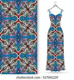 Vector fashion illustration, women's dress on a hanger, hand drawn seamless geometric pattern, isolated elements for invitation card design. Seamless fabric texture
