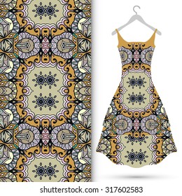 Vector fashion illustration, women's dress on a hanger, hand drawn seamless geometric pattern, isolated elements for invitation card design. Seamless fabric texture