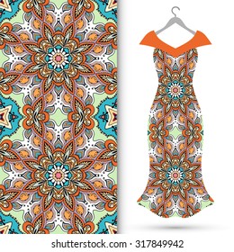 Vector fashion illustration, women's dress on a hanger, hand drawn seamless geometric pattern, isolated elements for invitation card design. Seamless fabric texture