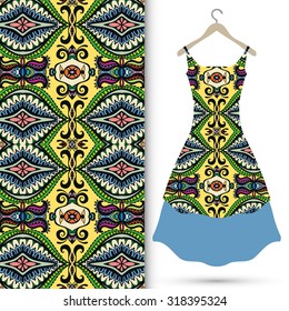 Vector fashion illustration, women's dress on a hanger, hand drawn seamless geometric pattern, isolated elements for invitation card design. Seamless fabric texture