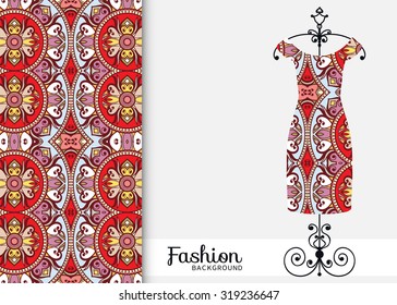 Vector fashion illustration, women's dress on a hanger, hand drawn seamless geometric pattern, isolated elements for invitation card design. Seamless fabric texture