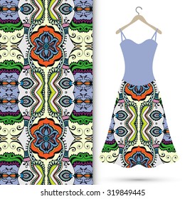 Vector fashion illustration, women's dress on a hanger, hand drawn seamless geometric pattern, isolated elements for invitation card design. Seamless fabric texture