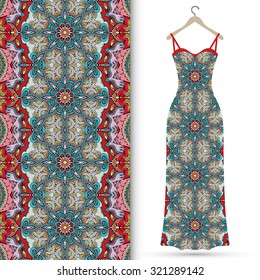 Vector fashion illustration, women's dress on a hanger, hand drawn seamless geometric pattern, isolated elements for invitation card design. Seamless fabric texture