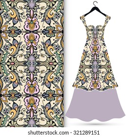 Vector fashion illustration, women's dress on a hanger, hand drawn seamless geometric pattern, isolated elements for invitation card design. Seamless fabric texture