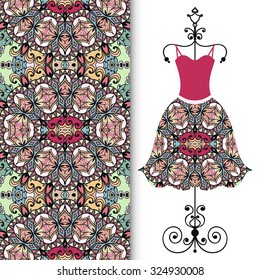 Vector fashion illustration, women's dress on a hanger, hand drawn seamless floral geometric pattern, isolated elements for invitation card design, repeating fabric texture