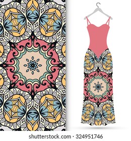 Vector fashion illustration, women's dress on a hanger, hand drawn seamless floral geometric pattern, isolated elements for invitation card design, repeating fabric texture